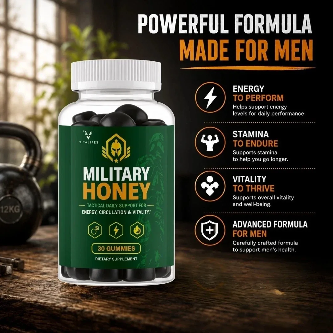 Military Honey listing image: Powerful formula made for men. Energy to perform, stamina to endure, vitality to thrive, advanced formula for men